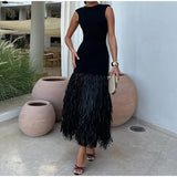 Photo-Round Neck Sleeveless Tassel Hem Dress 2024 Fashion Ladies Party Dress-Outfit