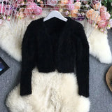 New Spring Autumn Fashion long sleeve buttonless knitted Cardigan short solid color fluffy Sweater Top with short
