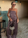 Women's Y2K Satin 2Piece Outfits Bandage Lace-up Backless Bandeau Tops+ Wide Leg Pants Set Streetwear Aesthetic Suits-Outfit