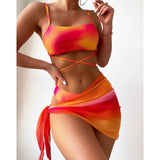 Toloer Tie-Dyed Bikini Swimsuit Female Three-Piece Mesh Skirt Split Bikini
