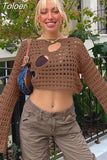 Out Cropped Knit Smock Top Women Flare Sleeve Y2K Clothes Fairy Grunge Loose Distressed Crochet Pullovers Sweater