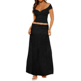 Womens Y2K Vintage Summer 2 Piece Outfits Lettuce Trim Off-Shoulder Tops+Elastic Ruched Long Skirt Set for Streetwear-Outfit - Black / L