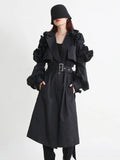 Toloer Street Wind Long Coat Tide 2024 Spring Lapel Long Sleeve Wooden Ear Decorative Splicing Lace Windbreaker-Outfit