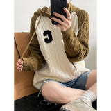 Women's Letter C Raglan Sleeve Hooded Knitted Sweater 2022 Autumn Loose Simple