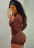 Winter Sexy Brown V-neck Long Sleeve Rib Tight Short