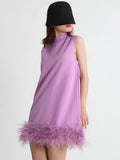 Toloer Design Sense Solid Color A-Line Skirt 2024 Spring Round Collar Sleeveless Hem Ostrich Hair Decoration Loose Dress-Outfit