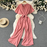 V Neck Jumpsuits Summer Female Irregular Casual Rompers Women Wide leg Summer Overalls
