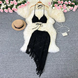 Toloer Ins Vacation Style Suit Female Design Sense Bikini Hanging Neck Vest Versatile Tassel Skirt Knit Two