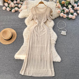 Korean Ins Short Sleeve V-Neck Hepburn Style Temperament To Show Thin Dress Women's Waist Bag Hips Long Skirt