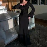 Toloer New Black Strap Slim Satin Dress Fall Women's Horn Sleeves Wrapped Hip Dress-Outfit