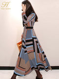 Han Queen Vintage Print Elegant Long Dress Women Spring Single-breasted Shirt Dresses Waist Swing Ankle-length Vestidos-Outfit