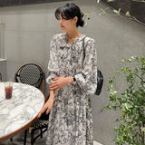Toloer Chic Spring French Vintage V-Tie Bow Ink Print Design Loose Long Sleeve Dress-Outfit