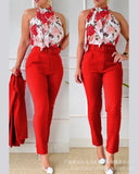 Print Tank Top & High Waist Pants Set With Belt Women Flower Two Piece Set Halter Bow Crop Top Harem Trousers Summer-Outfit