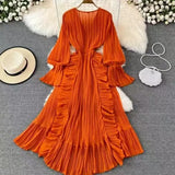 Fairy Seaside Holiday Chiffon Dress Female Lotus Lace V Collar Temperament Folded Waist Thin Swing