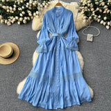 Court Retro Elegant Dress Women's Collar Horn Sleeves To Close Single Buckle Lace Splicing Large Swing