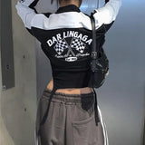 Toloer Cool Girl Motorcycle Wind Splicing Print Bump Color Jacket Women's New Standing Collar Zipper Cardigan Short Coat-Outfit