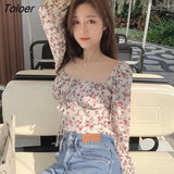 Women Folds Slim Summer Casual Long Sleeve Crops Students Korean Style Vintage Romance Floral Popular Blusas Female