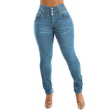 New High-Rise Elastic Jeans Female Fat Mm Buckle Abdominal Pencil Pants Slim High Thin