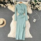 Autumn Knitted Dress Women Long Sleeve Elastic Waist Split Sweater Dress Ladies Party Sexy Warm Bodycon Maxi Long