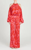Set Chic Print Lantern Sleeve Two Piece Sets Satin Top Wide Leg Pant Suit Women Off Shoulder Long Sleeve Office Lady Outfit-Outfit