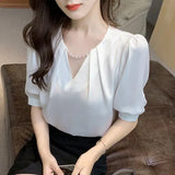 Top Femme Short Sleeve Blouse Women Blusas Mujer De Moda 2021 Verano Beading V-Neck Chiffon White Blouse Shirt Tops