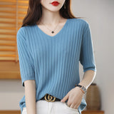 Toloer The Summer Of 2024, Women's Knit Short Sleeve Korean V-Neck Solid Color T-Shirt And A Pit Top-Outfit