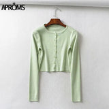 Aproms Candy Color Ribbed Knitted Cardigan Women Autumn Winter Long Sleeve Basic Cropped Sweaters Female Casual Short Jumper