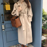 Aachoae Women Elegant Solid Color Long Wool Coat With Belt Long Sleeve Turn Down Collar Coats Female Autumn Winter