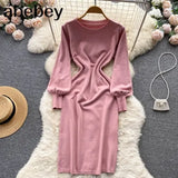 Women Autumn French Knitted Dress O Neck Long Sleeve Sheath Dress Office Lady Fashion Solid Mid Long Sweater