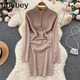 Women's Casual Turtleneck Long Sleeve Bodycon Hollow Out Buttons Mini Bandage Dress Elegant Party Street