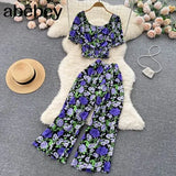 Women Summer Bohemian Floral Set Puff Sleeve Short Tops+High Waist Pleated Wide Leg Long Pants Two Pieces
