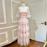 Patchwork Ruched Dress For Women Square Collar Short Sleeve High Waist Loose Elegant Midi Dresses Female