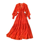 Holiday Dress Spring Dress 2023 New Goddess Temperament V-Collar Rope-Drawn Waist Dress-Outfit