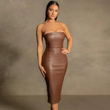 Toloer New Summer 2023 Sexy One-Line Collar Slim Show Thin Wrap Hip Skirt Slit PU Women's Dress Women-Outfit