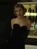 Strapless Black Velvet Bodycon Dress With Fishnet Mesh Long Sleeve Backless Night Club Party Mini Dresses Ladies Robe-Outfit