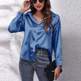 Satin Shirt Satin Imitation Silk Long-Sleeved Pure Color Elegant Button Front Lapel Shirt-Outfit