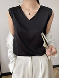 Blouse Women Sleeveless Satin 2022 Summer Basic V Neck White Blouses Sleeveless Silk Summer Clothes For Women Blouses