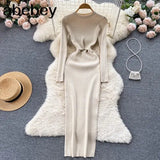 Solid Sexy Sweater Dress 2022 Women O Neck Long Sleeve Maxi Long Dress Autumn Streetwear Knitted Bodycon