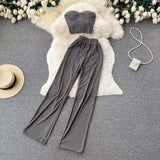 Toloer Strapless Short Top High Waist Casual Loose Wide Leg