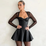 Black Long Sleeve Mesh PU Leather Mini Dress-Outfit