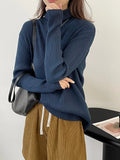 Women's High Neck Vertical Pit Stripe Elastic Sweater Long Sleeve Slim Pile Neck Jumper Roll Collar
