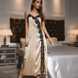 Toloer Silk Halter Sleeping Dress Female Summer Slit Lace Simulation Silk Sexy Home Pajamas Female-Outfit