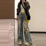 Vintage Ripped Denim Pants Baggy Streetwear American Jeans BF High Waist Hip Hop All-match Ins Tide Cowboy Trousers-Outfit