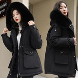 Add Velvet Thick Coat Female 2024 New Winter Waist Long Casual Hat Parker Cotton Suit-Outfit