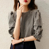 Spring And Summer New Korean Version Of The Fashion Show Thin Black And White Check-Down Bottom Shirt Gas Five-Sleeved Shirt Female