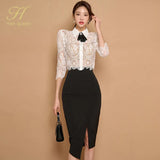 Han Queen Elegant 2024 Summer 2 Pieces Set Women Bow Lace Tops + High Waist Slit Pencil Skirts Casual Simple Office Skirt Suit-Outfit