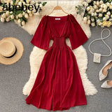 Sweet Solid Women Square Collar Flying Sleeve Ruffle A-line Dresses Summer Boho Chiffon Midi