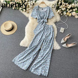Women Summer Chic Korean Suit Sexy O Neck Chiffon Short Tops+High Waist Wide Leg Split Long Pants Two Piece