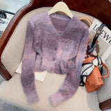 Autumn / Winter New Sweet Dopamine V-Neck Cardigan Girl's Short Graded Plush Blouse-Outfit