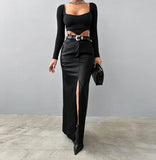 Toloer Women's Wear 2024 Leather Design Sense Open Fork Solid Color High Waist Simple Leather Slim Body Skirt-Outfit